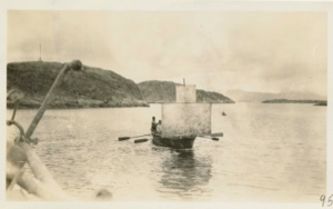 Image of Oomiak [umiak], Woman's boat, with sail up